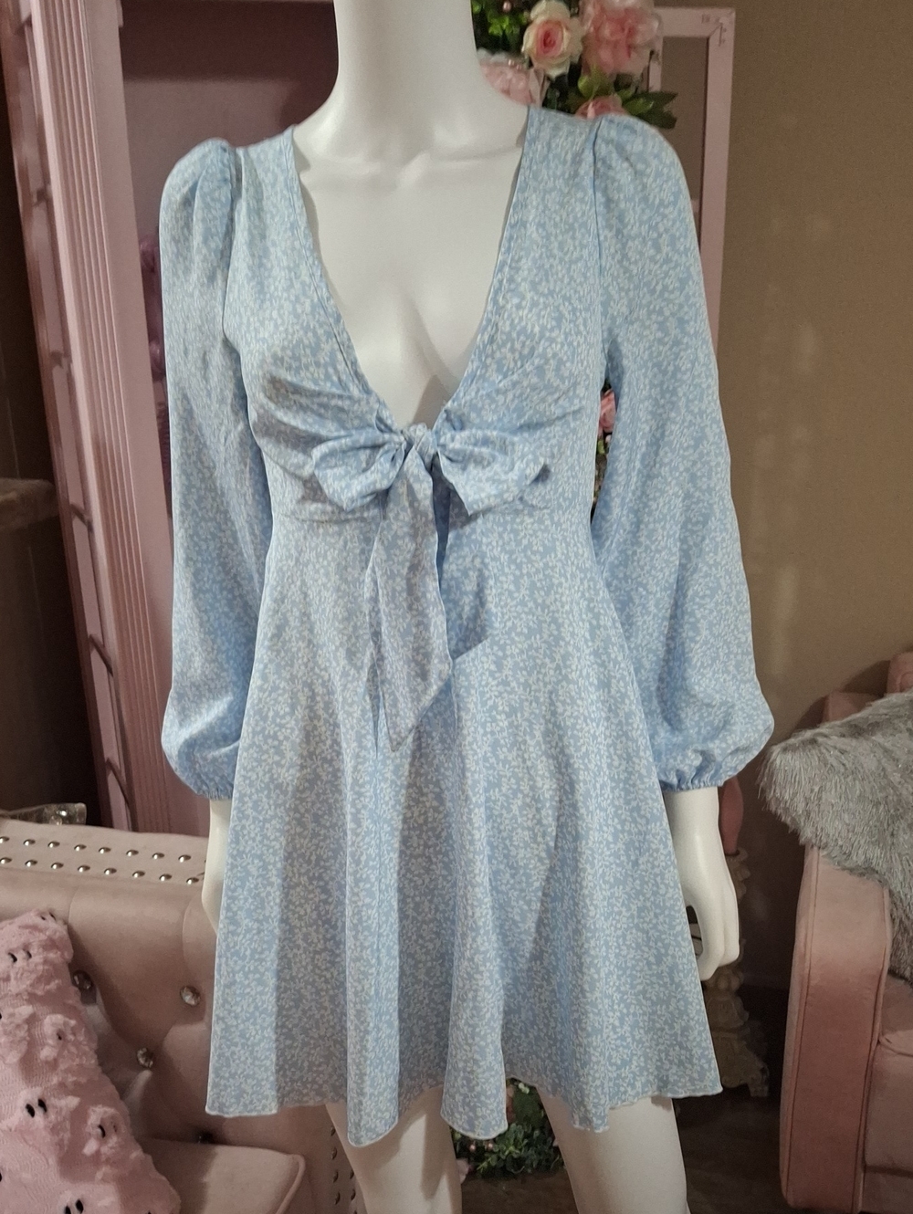 Light Blue Tie-Front Floral Mini Dress Like New Size XS